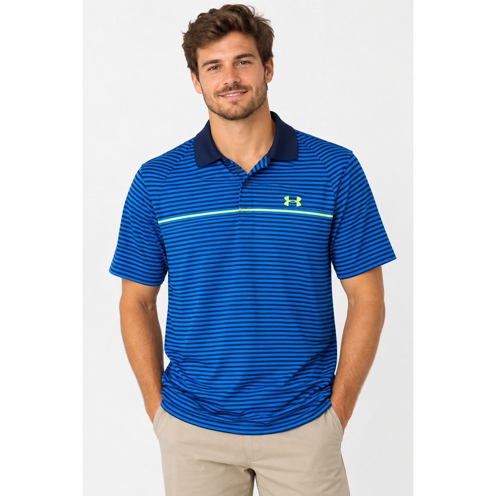 Under Armour Mens Iso-Chill Polo Shirt XL Blue Striped Golf Performance Loose